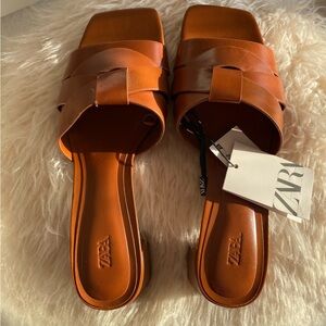 Zara Cross Heeled Leather Sandals - Brown, size 7.5 (Brand New with Tags)